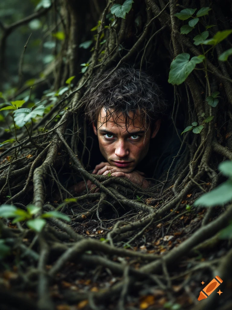 Photorealistic portrait of a man emerging from tangled roots and vines ...