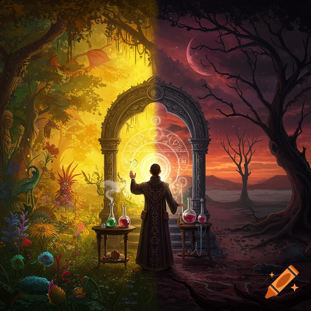 A wizard performs alchemy at a magical archway splitting a fantasy landscape between vibrant life and barren death.