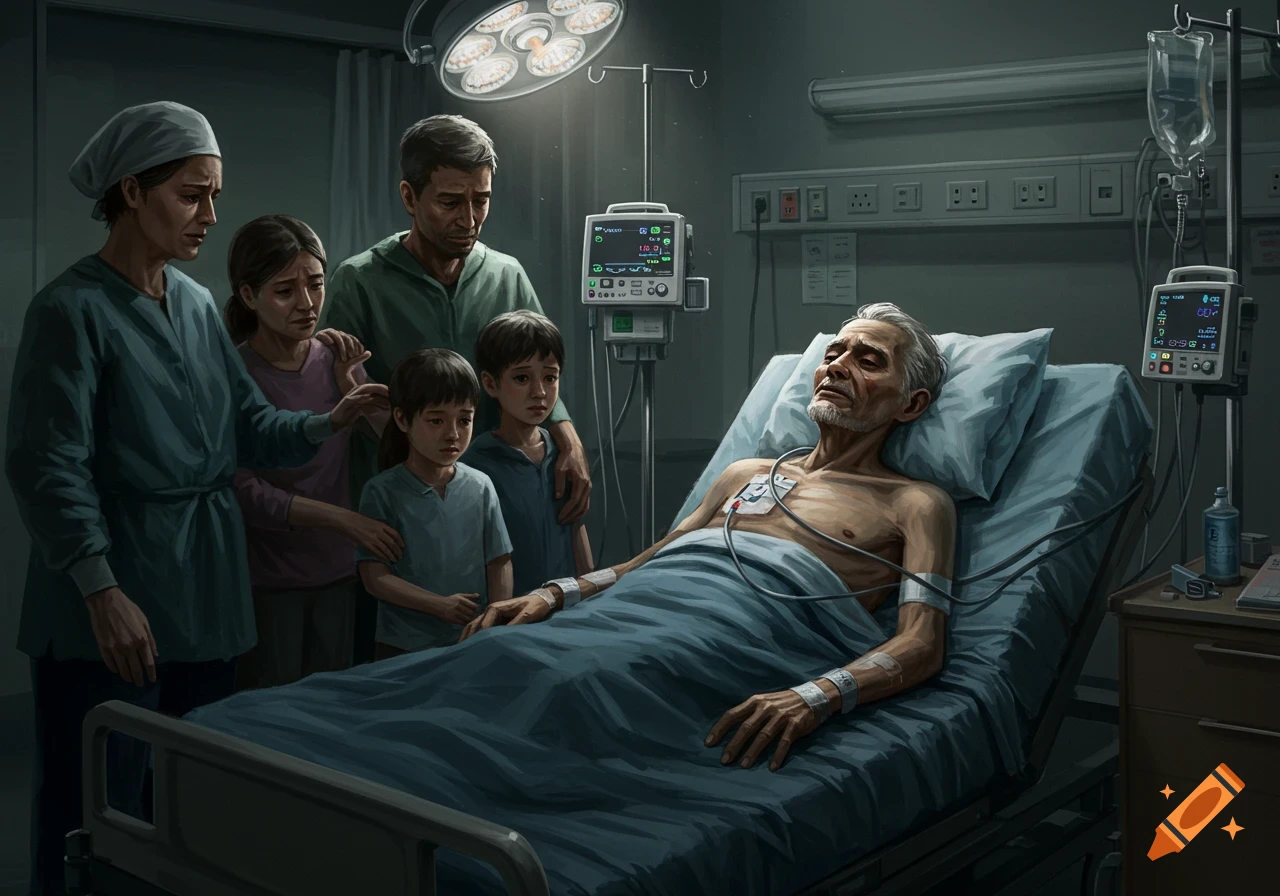 Elderly man in hospital bed surrounded by grieving family in a dimly lit room, digital painting.