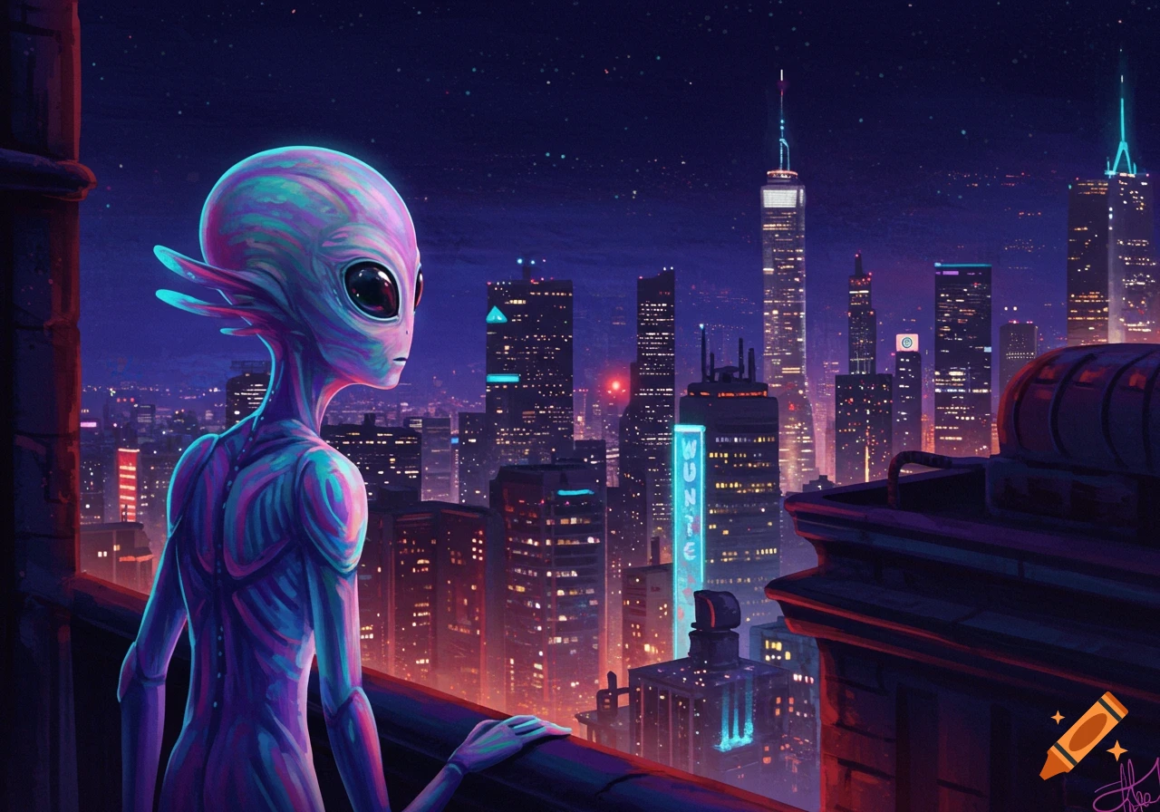 Alien figure overlooks a neon-lit futuristic city skyline at night. Digital painting.