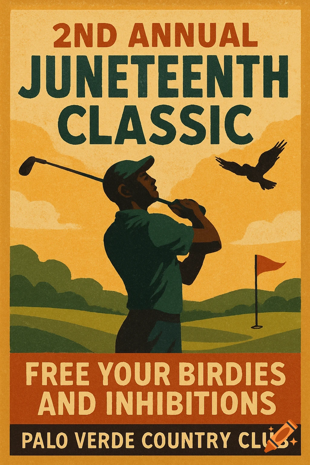 Vintage style poster for the 2nd Annual Juneteenth Classic golf tournament.