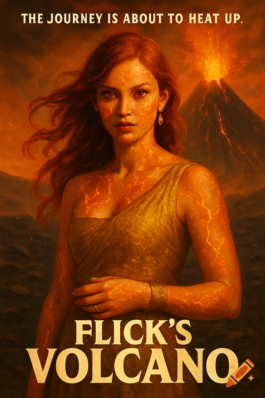 Movie poster of a woman with lava-like skin in front of an erupting volcano, with text 'The journey is about to heat up' and 'Flick's Volcano'.