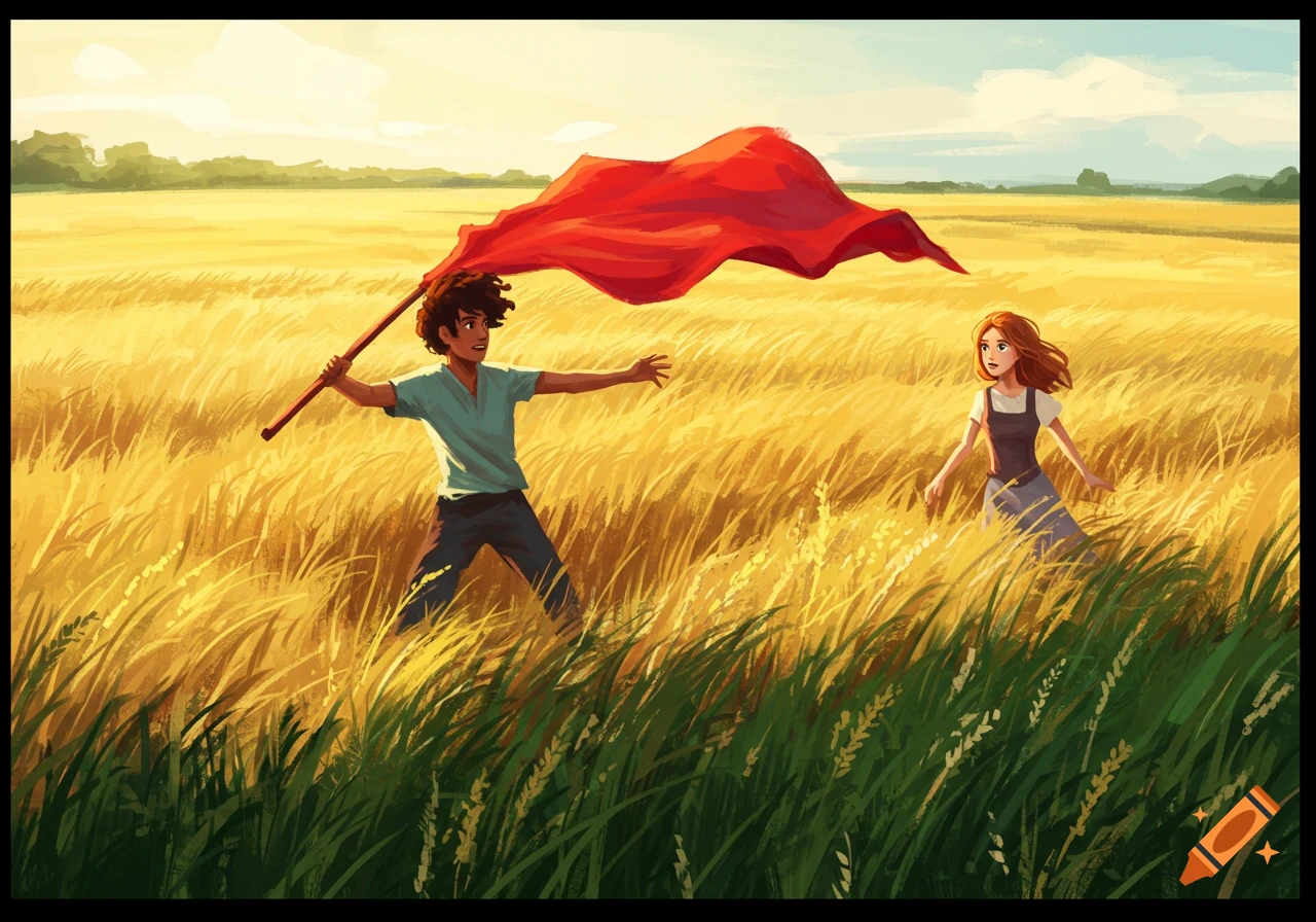 An illustration of a boy waving a red flag in a golden field with a girl watching