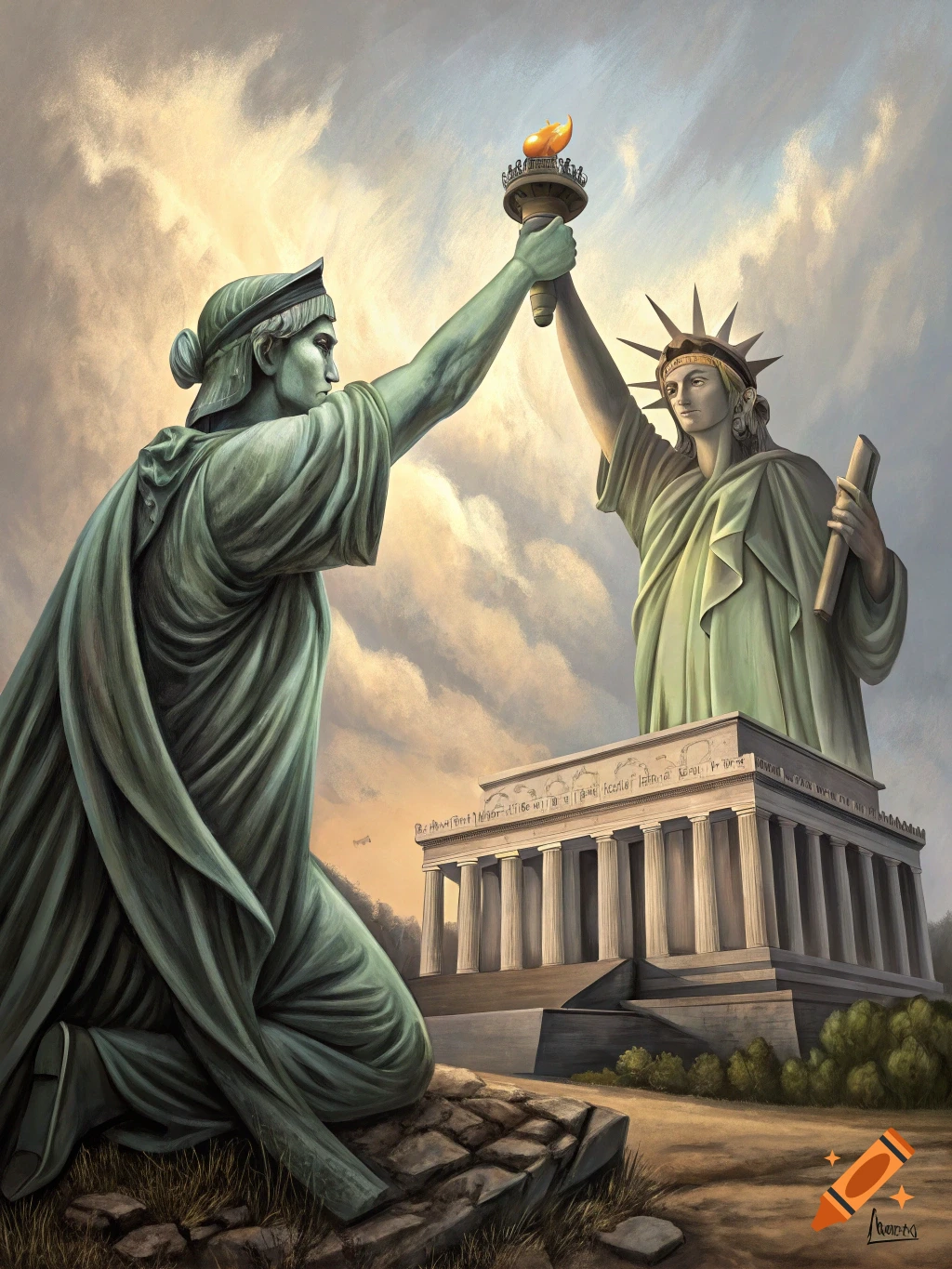 Two large green statues, one kneeling, hold up a torch together. A building resembling the Lincoln Memorial is behind them.