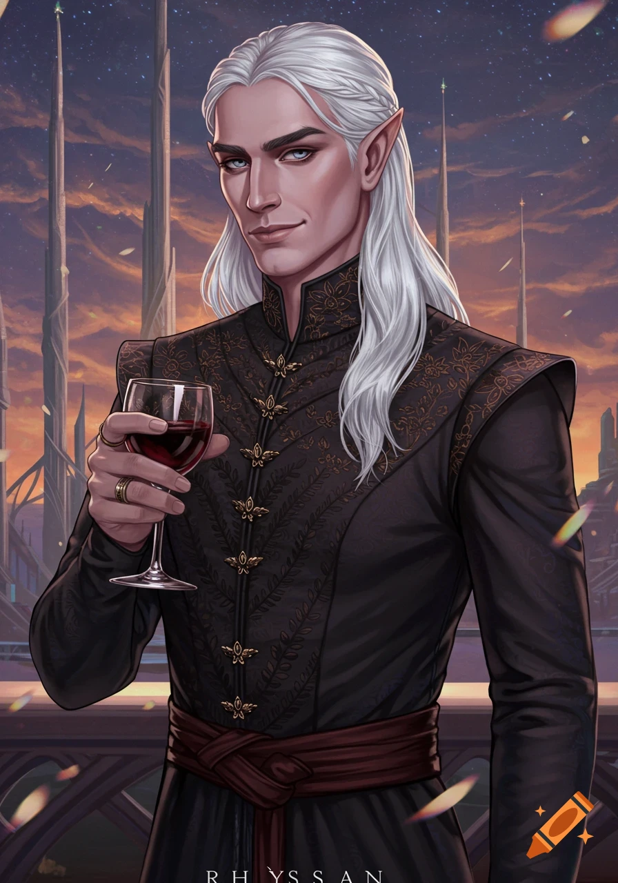 Digital illustration of a white-haired fantasy character holding a glass of wine overlooking a futuristic city.