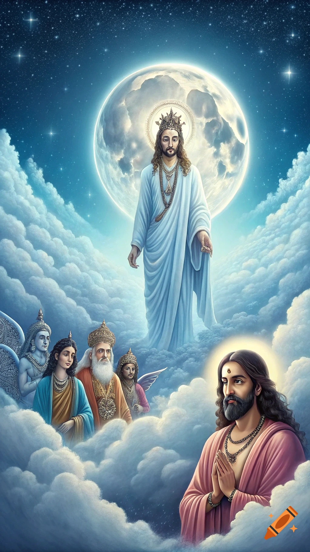 Figures from different religions float on clouds under a starry sky and moon.