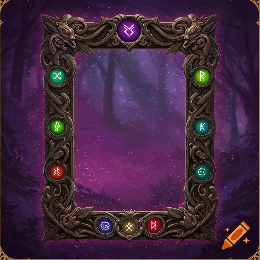 Wooden fantasy portrait frame with carved dragons, interwoven wood, and glowing rune symbols around the edge, set against a purple forest background.
