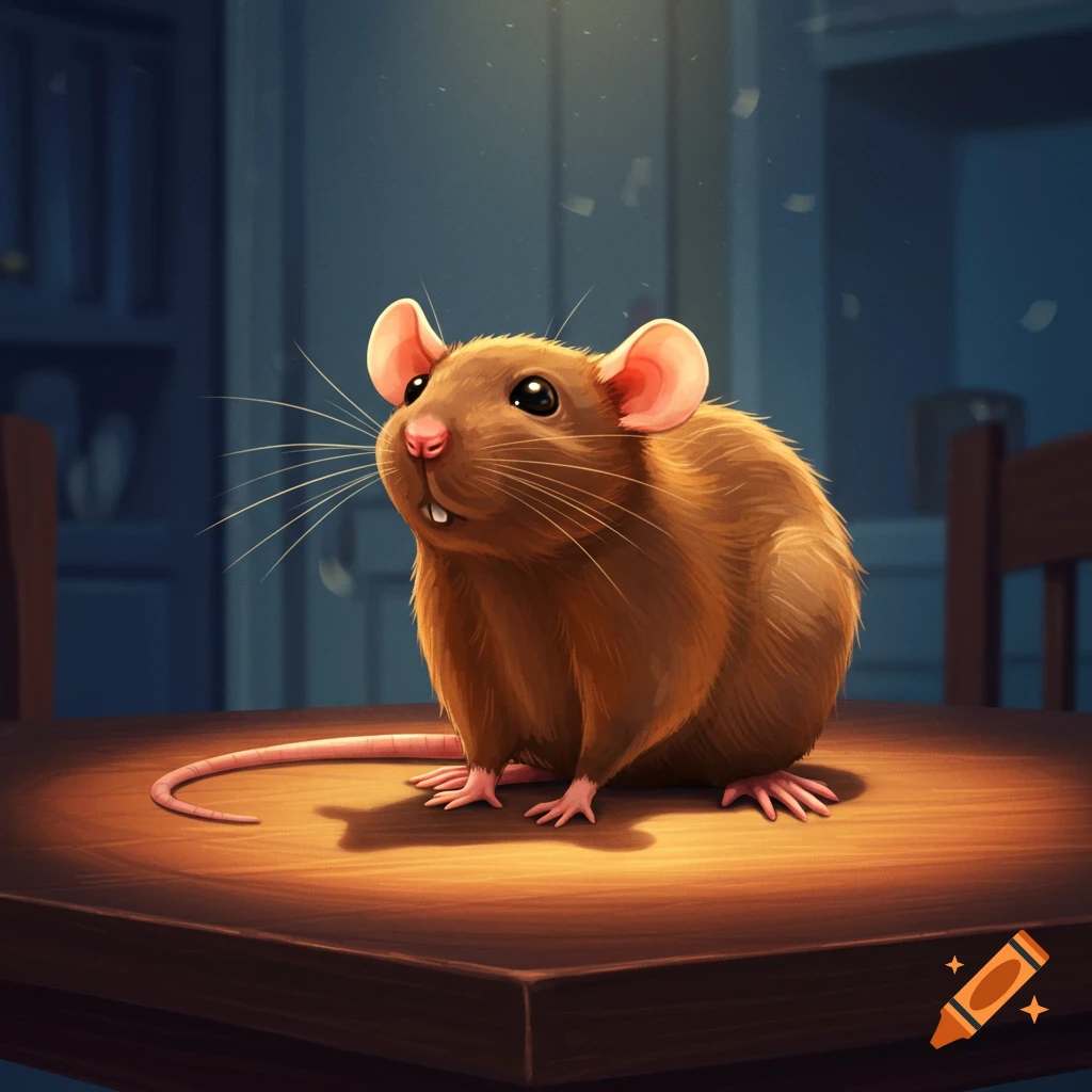A brown rat sits on a wooden table in a dimly lit room, looking up. on ...