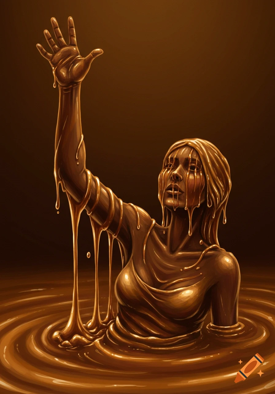 Illustration of a woman covered in brown liquid, reaching up from a pool of it.