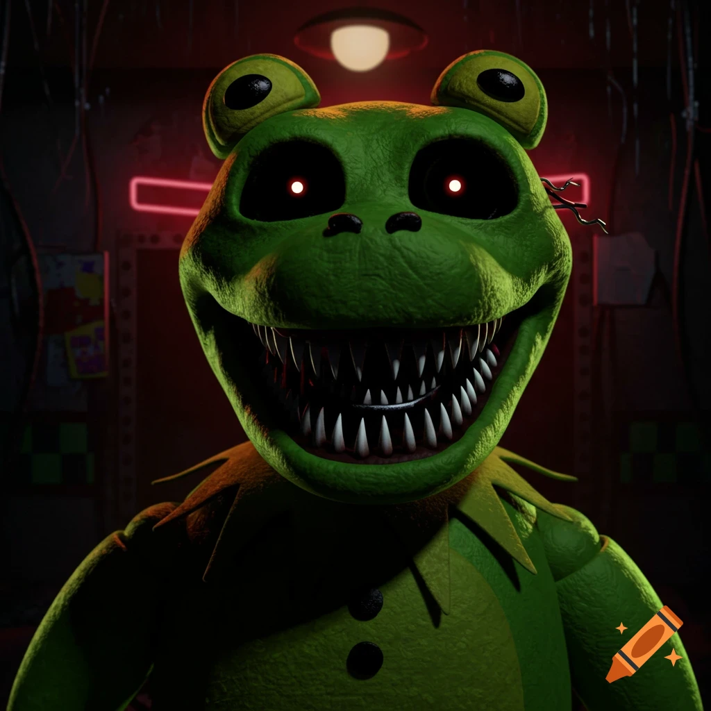 Close-up of a creepy green animatronic frog with sharp teeth and glowing red eyes, in a dark room.