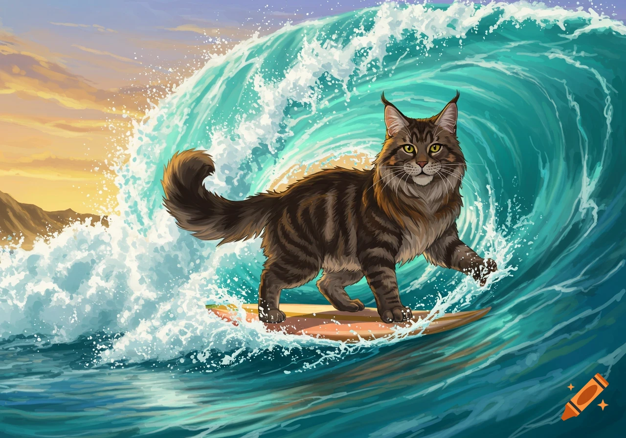 A Maine Coon cat surfs a large wave on a surfboard.