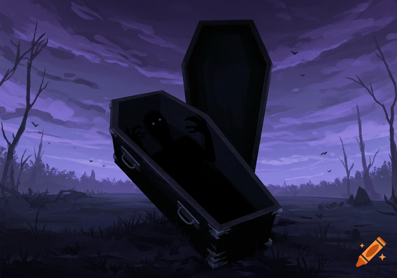 A dark figure with glowing eyes rises from an open black coffin in a spooky, gothic landscape at dusk.
