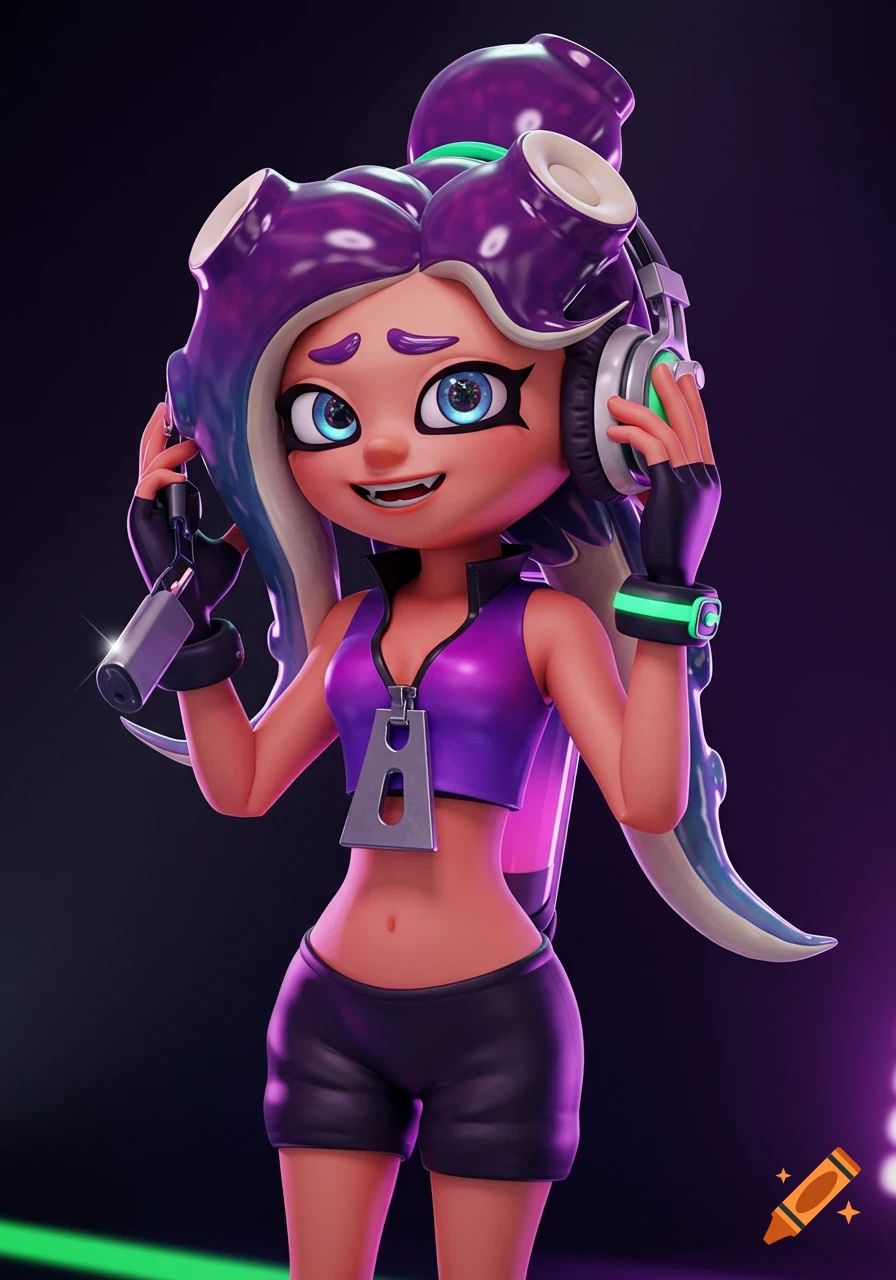 3D render of the video game character Marina from Splatoon 2 wearing headphones and holding a microphone.