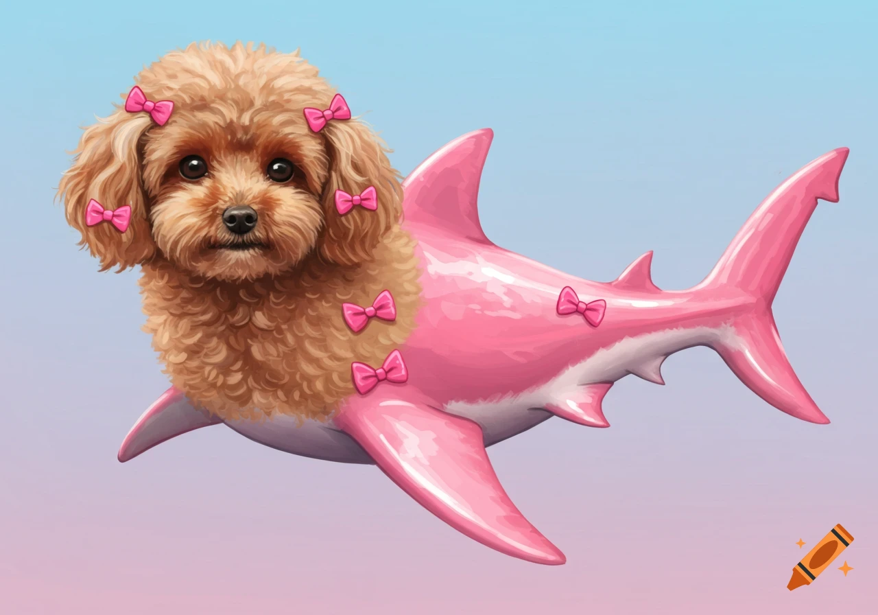 A brown poodle head on a pink shark body adorned with pink bows against a gradient background.