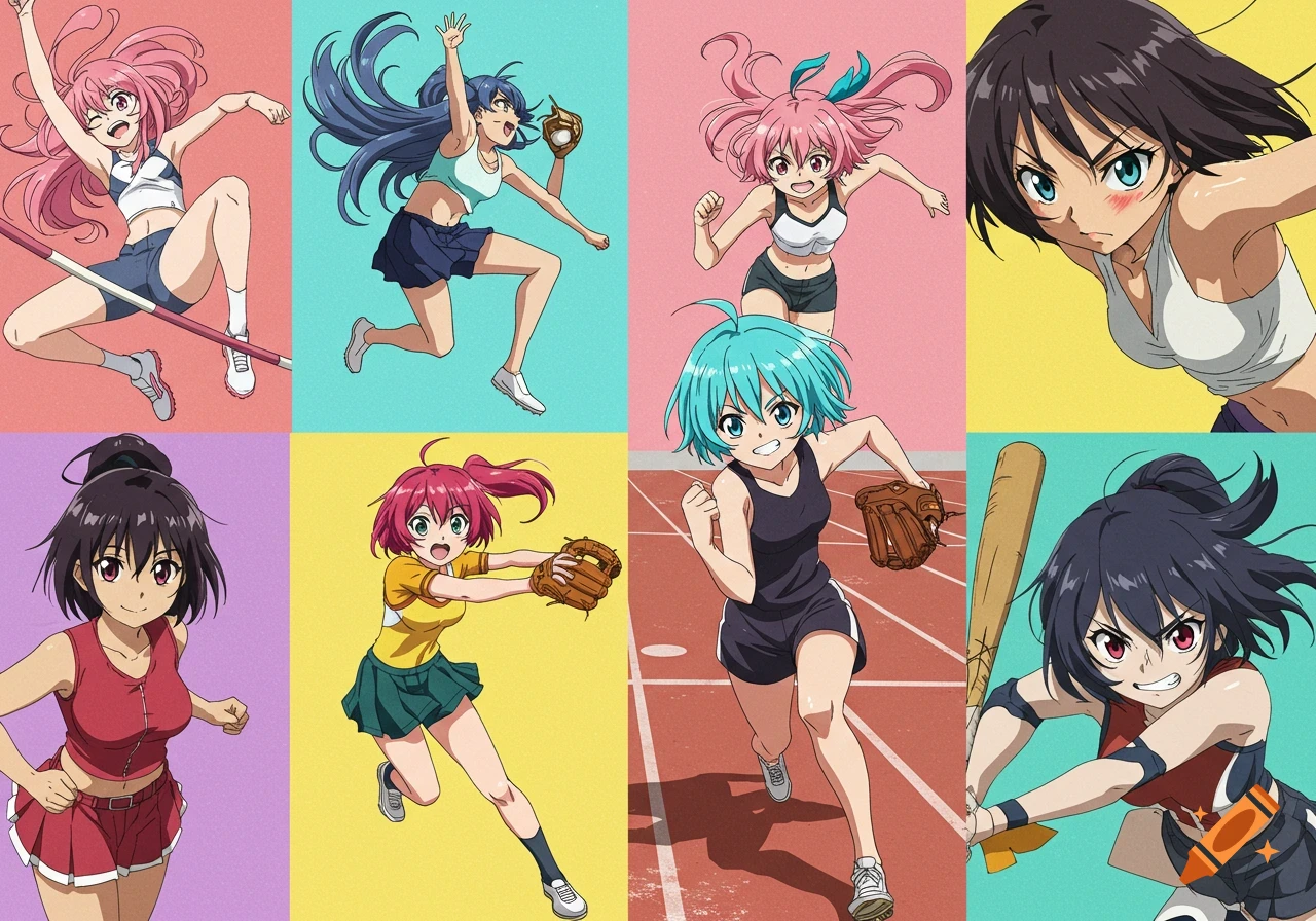Anime girl athletes practicing various sports in a colorful collage.