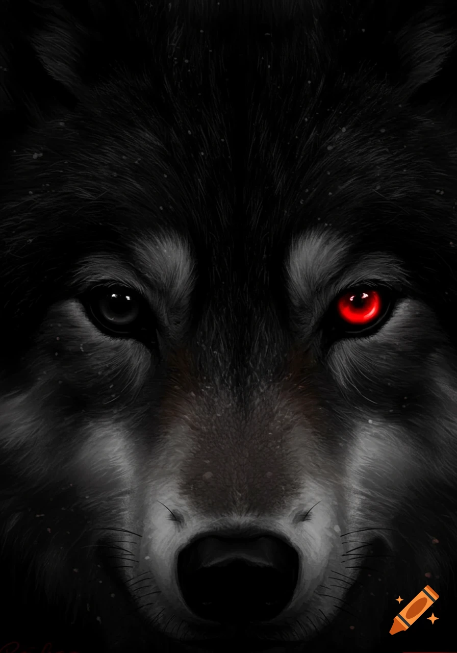 Close-up digital painting of a dark wolf's face with one red eye.