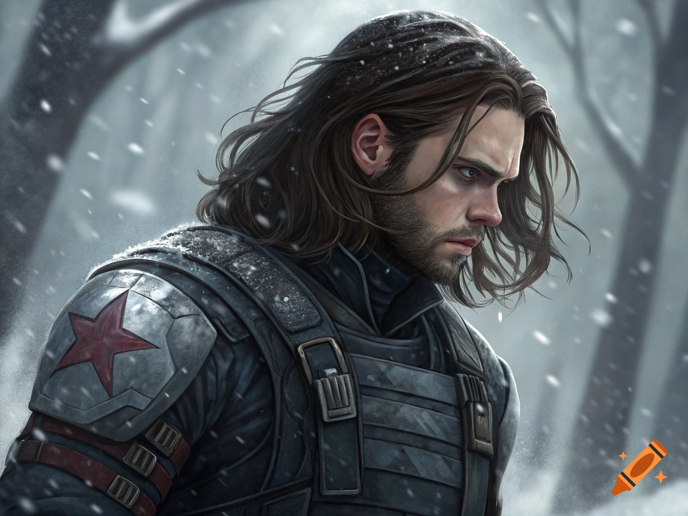 Close-up portrait of Marvel's Winter Soldier in snowy woods