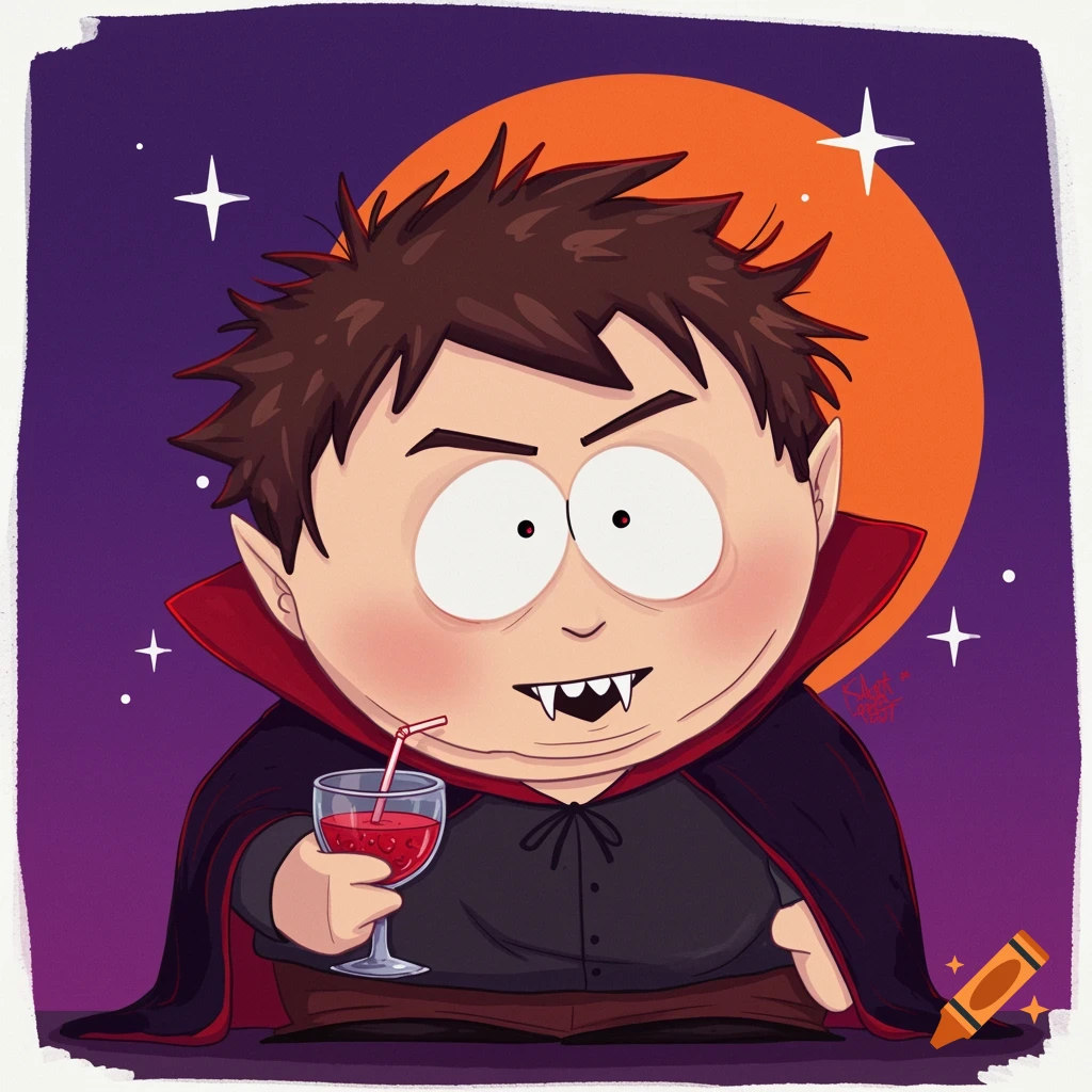 Cartoon character in vampire costume holds a glass with a straw against a purple sky and orange moon.