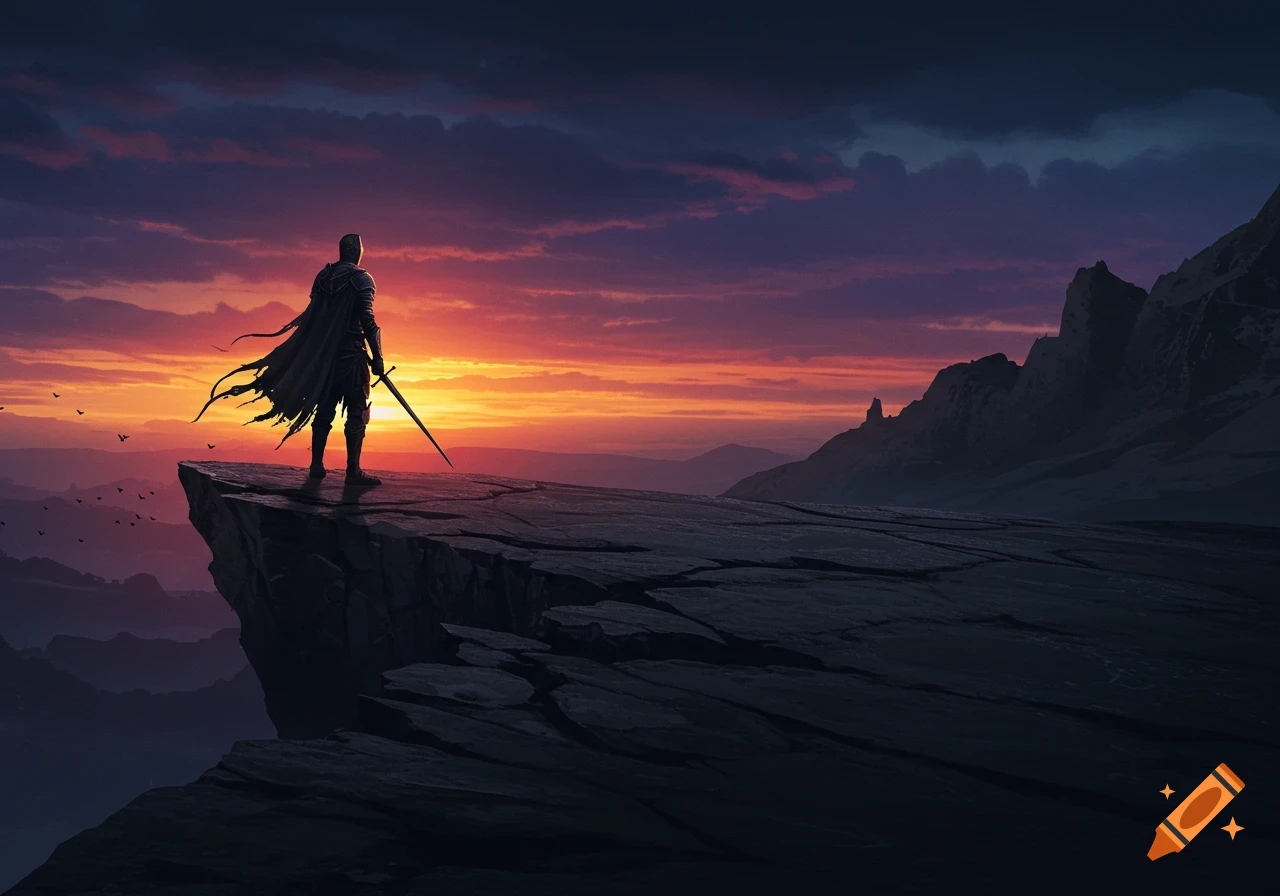 A knight stands on a cliff edge watching a sunset over mountains.