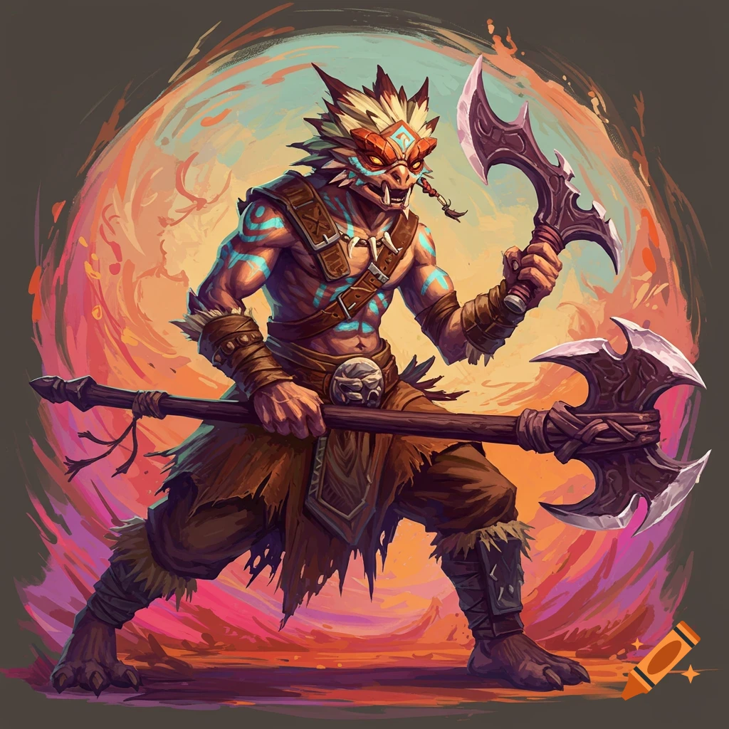 Fantasy tribal creature holding axes against a swirling background.