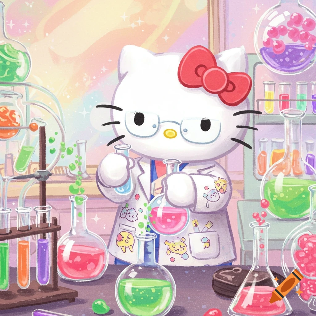 Cartoon illustration of Hello Kitty wearing a lab coat and glasses, holding test tubes and surrounded by colorful beakers in a chemistry lab.