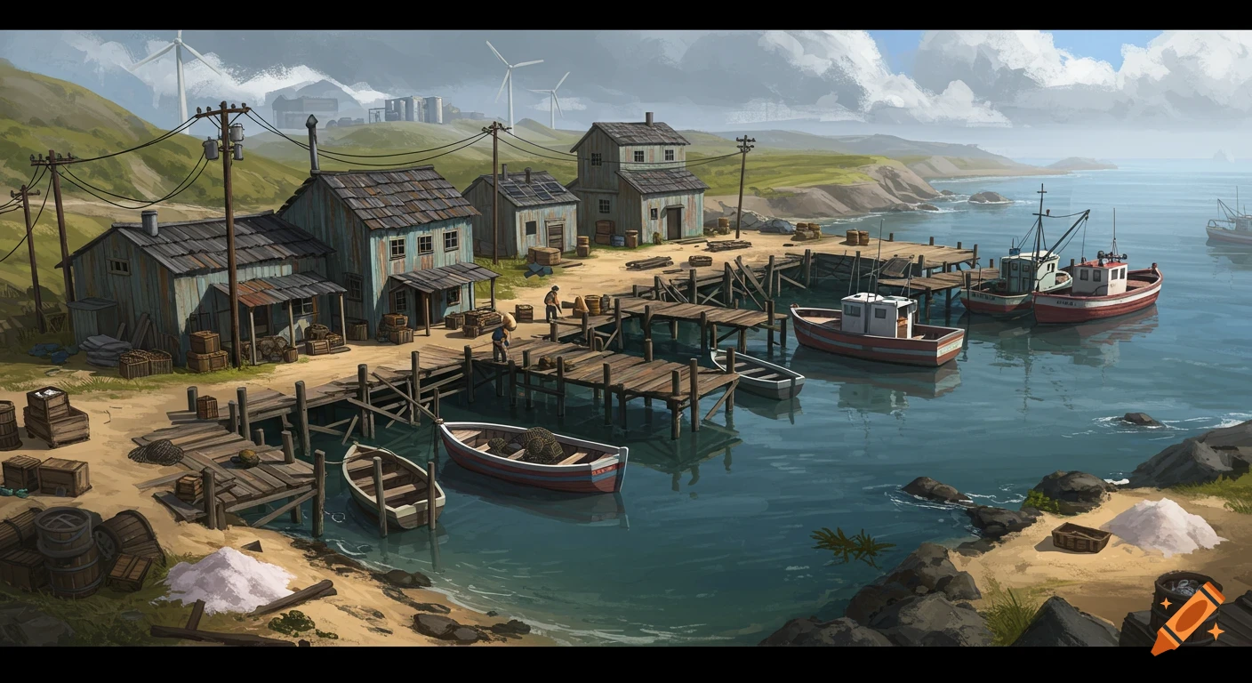 A stylized painting of a fishing port with boats docked at weathered wooden piers, featuring buildings, people, and shoreline details.