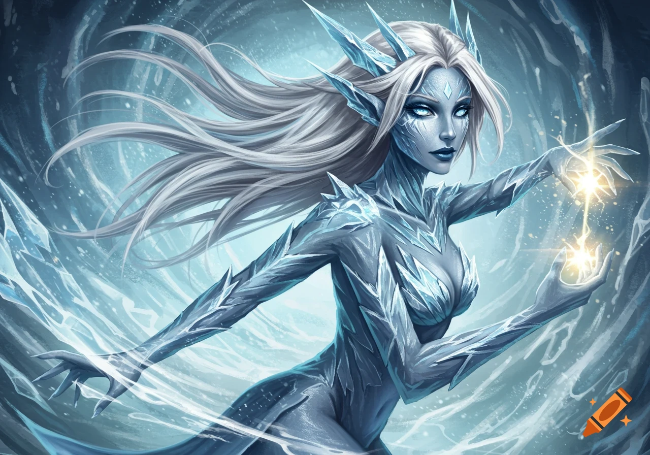 A female ice elemental creature with glowing blue eyes and ice crystal skin casts magic, with swirling snow and ice in the background.