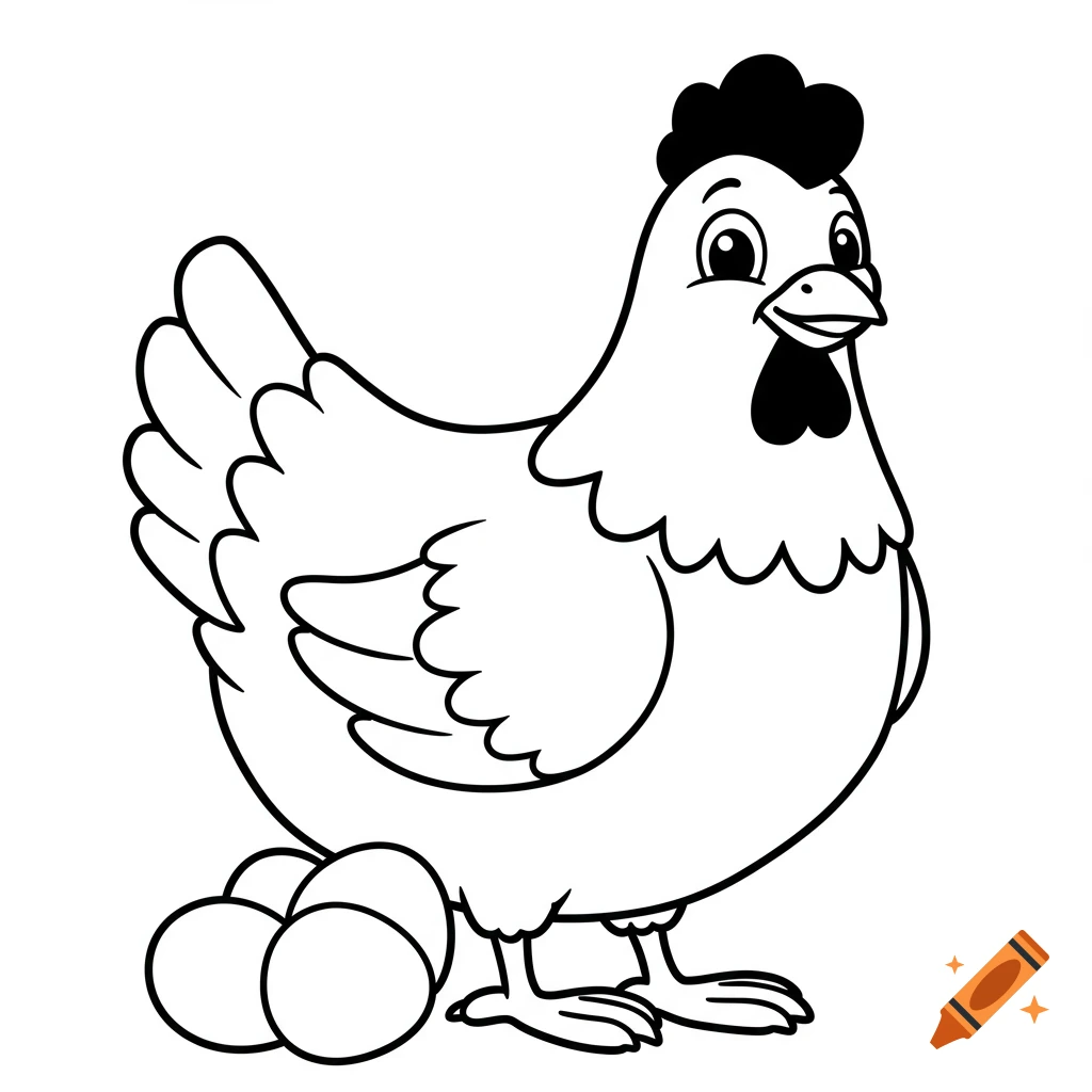 Black and white clip art of a smiling hen standing next to three eggs.