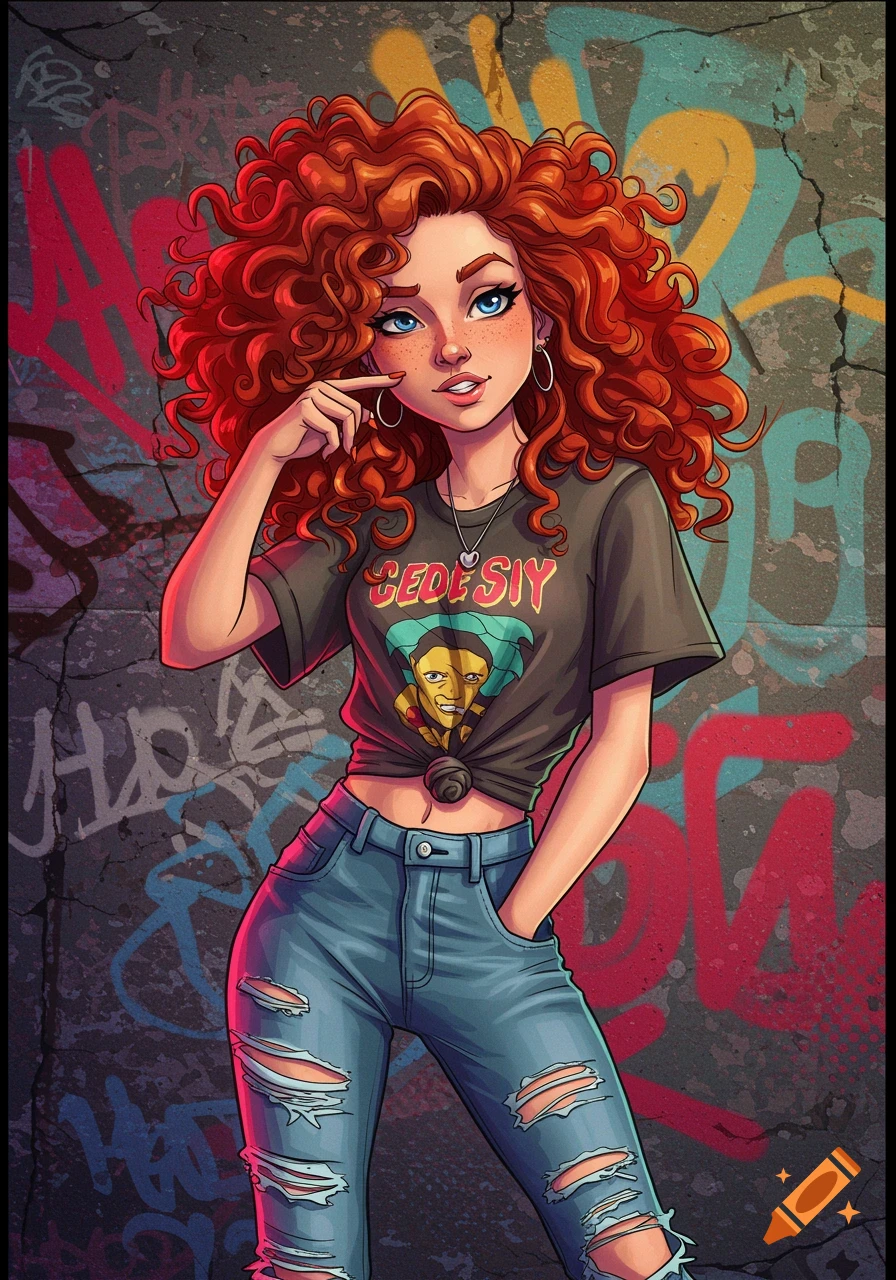 Cartoon illustration of a teenage girl with red curly hair standing in front of a graffiti wall, wearing ripped jeans and a cropped t-shirt.