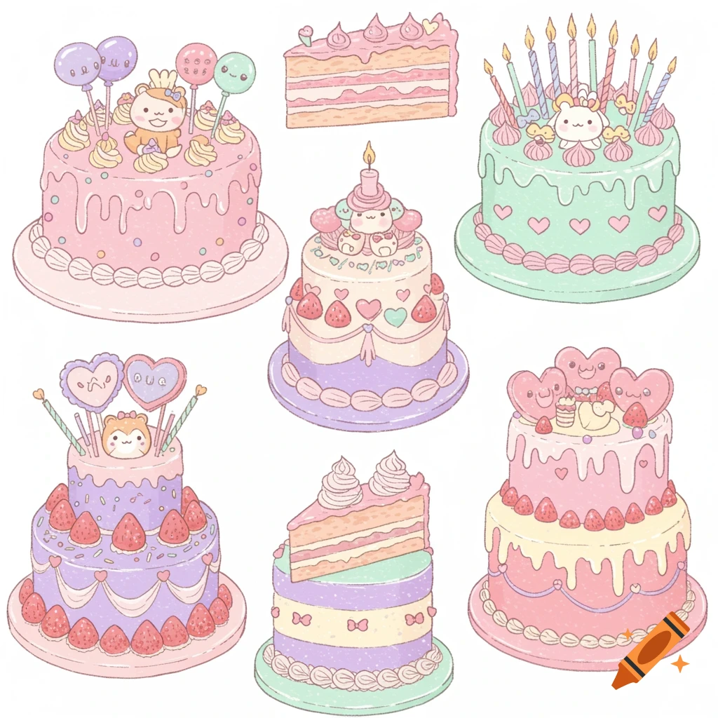 An illustration of multiple pastel-colored cute birthday cakes decorated with frosting, strawberries, candles, and cartoon characters.