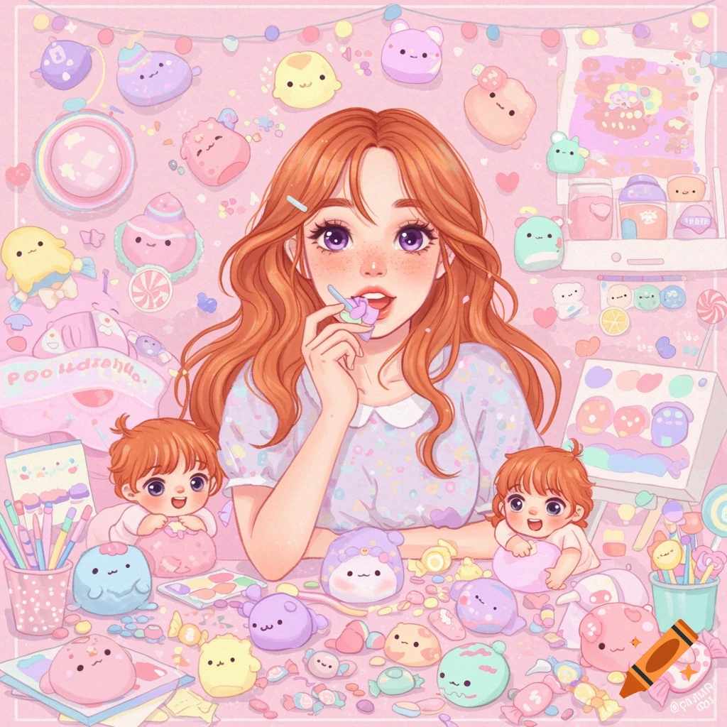 An anime girl and two children in a pastel room with cute squishy characters and candy, in a soft, colorful style.
