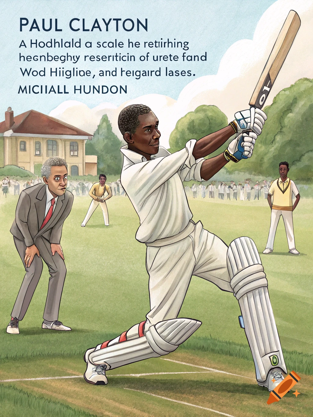 An illustration of a cricket match with a batsman hitting a shot while others watch.