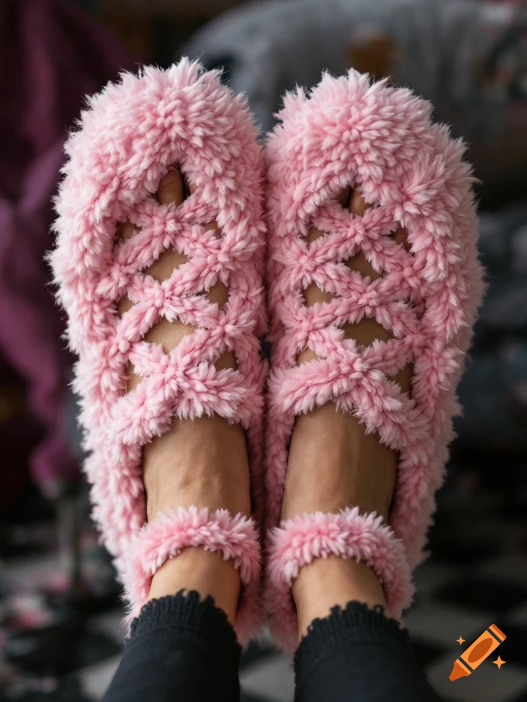 A first-person view looking down at feet wearing fluffy pink slippers.