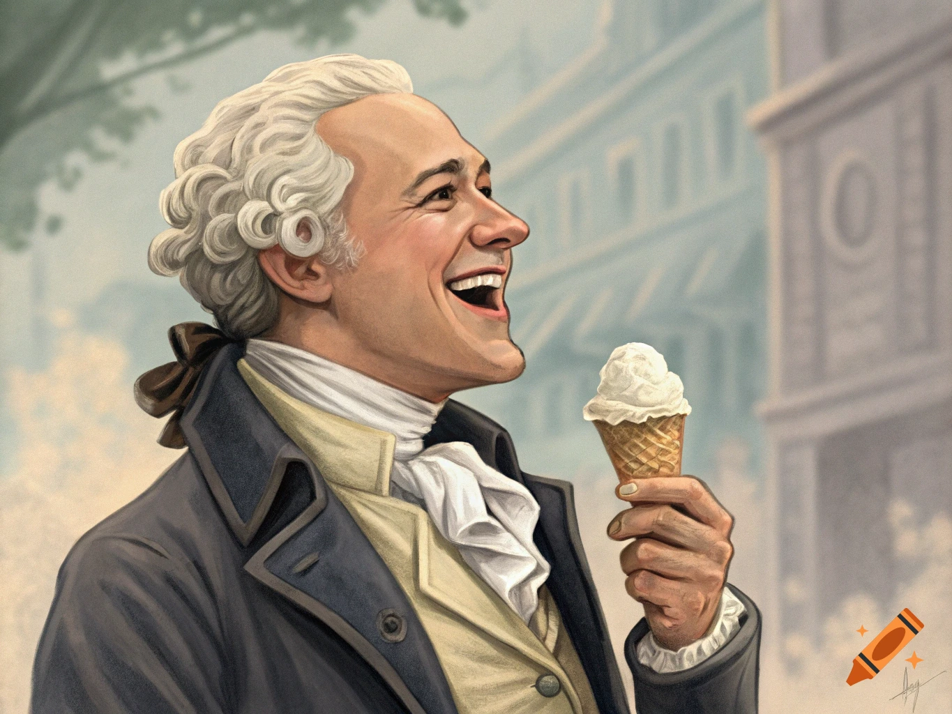 Illustration of Alexander Hamilton laughing and holding an ice cream cone.
