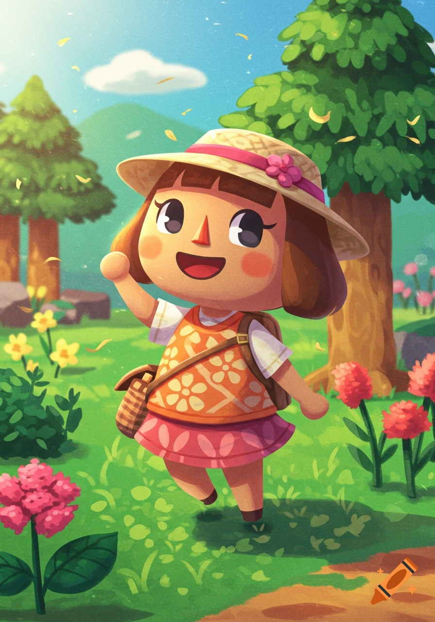 A cartoon villager character from Animal Crossing walks through a sunny field with flowers and trees.