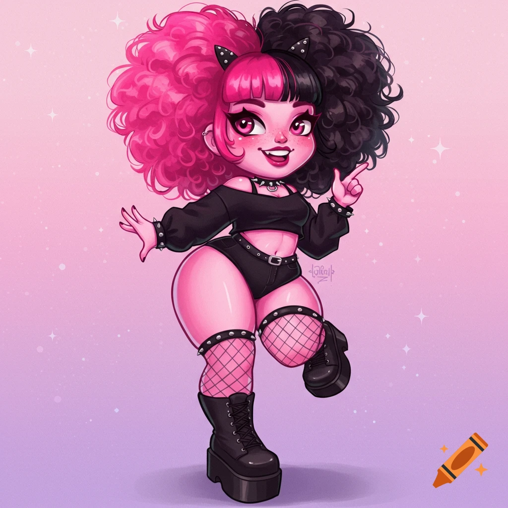 Cute cartoon girl with split pink and black hair wearing goth-style clothing, illustration.