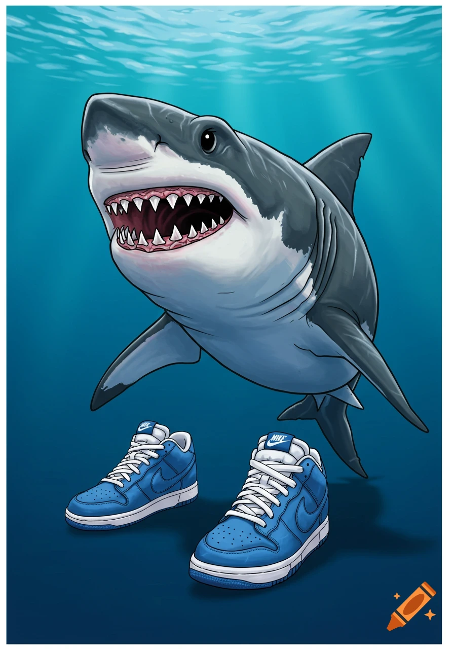 Cartoon illustration of a shark wearing blue sneakers underwater.