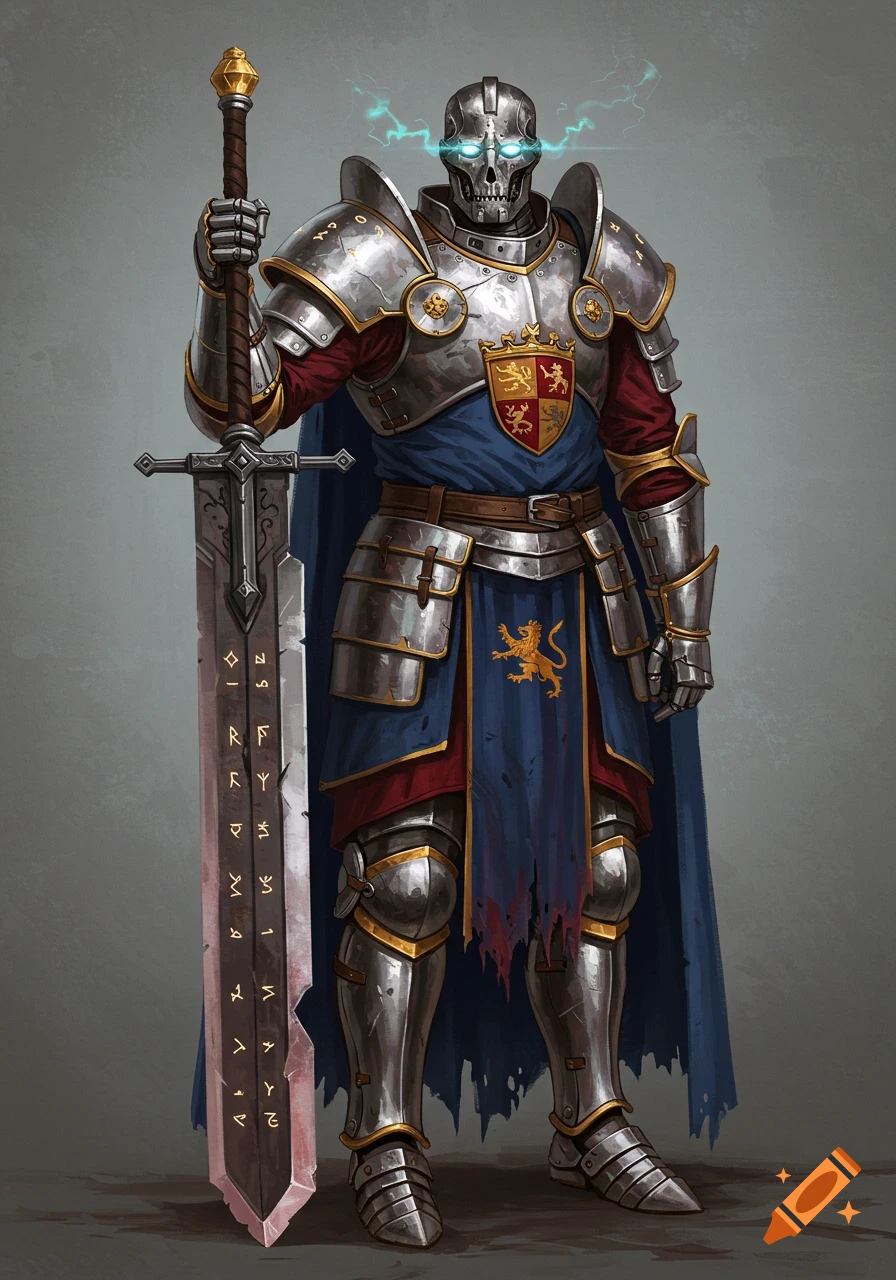 A warforged knight in silver and gold armor holds a large sword with runes. His eyes glow blue. Digital art.