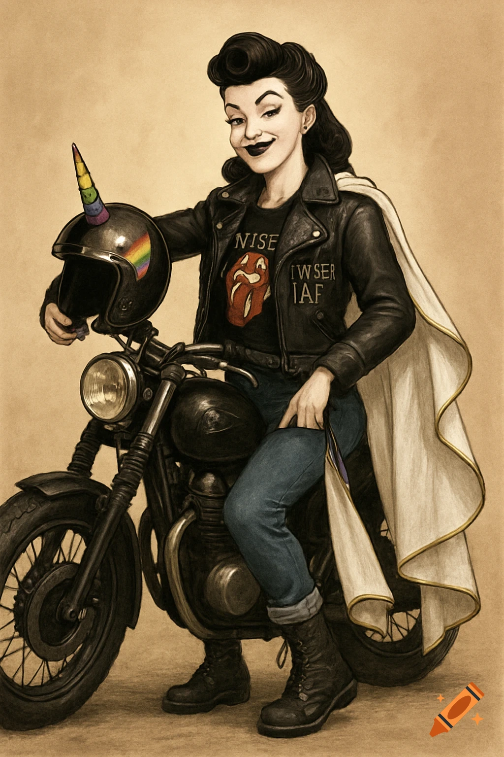 Illustration of a woman with a 40s hairdo in a leather jacket and cape, sitting on a motorcycle, holding a helmet with a unicorn horn.
