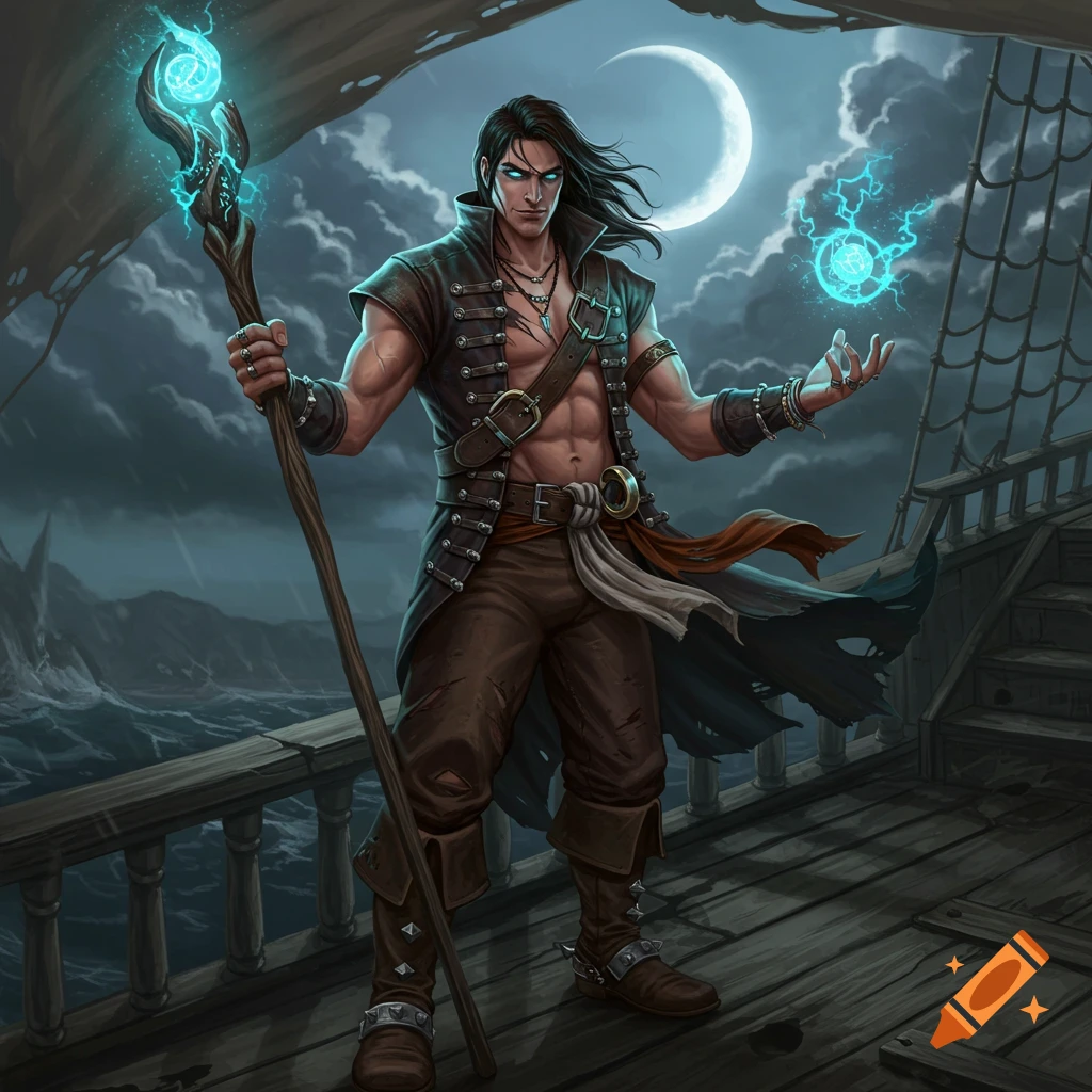 A fantasy pirate sorcerer stands on a ship deck holding a staff and casting blue lightning spells.