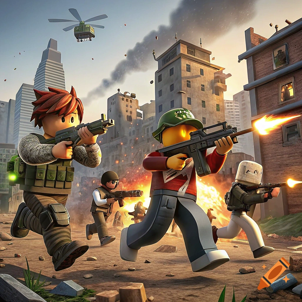 Roblox characters in tactical gear fire rifles while running through a destroyed city street.