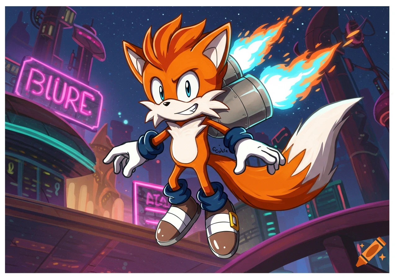 A cartoon orange fox character with rocket boosters flies above a futuristic city with neon signs.