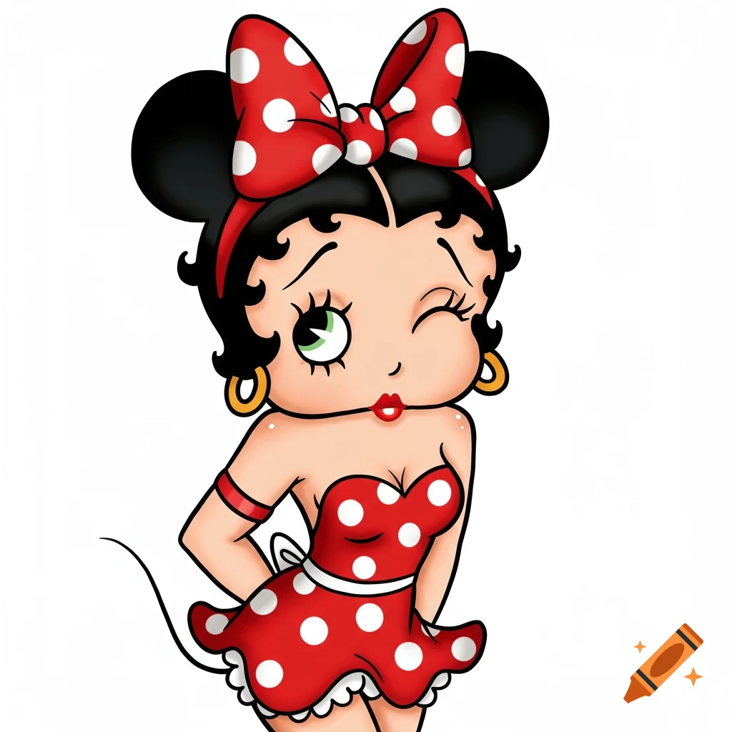 Cartoon illustration of Betty Boop winking, wearing a red polka dot dress and Minnie Mouse ear headband. on Craiyon Cartoon illustration of Betty Boop winking, wearing a red polka dot dress and Minnie Mouse ear headband. on Craiyon