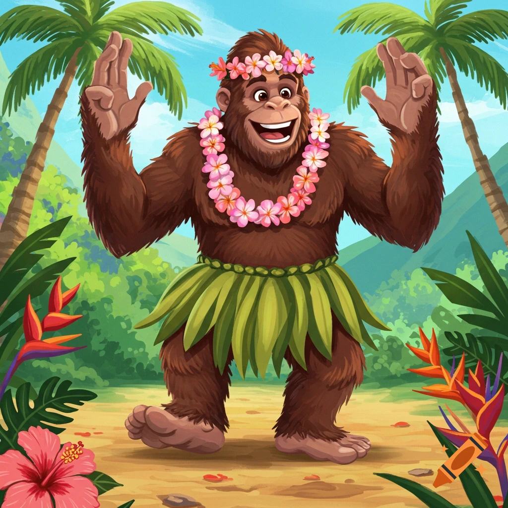 Cartoon bigfoot wearing a lei and hula skirt dances in a tropical setting with palm trees and flowers.