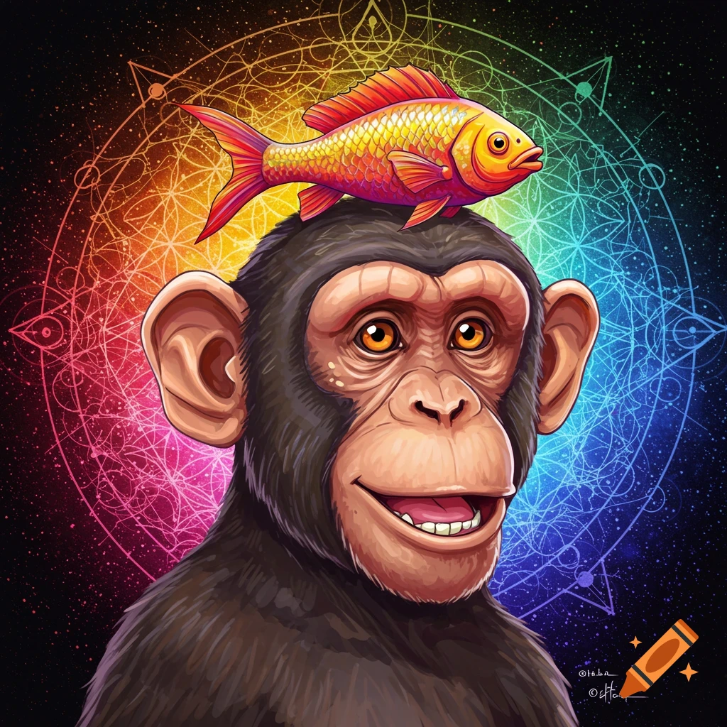 Illustration of a smiling monkey with a goldfish on its head, against a background of colorful sacred geometry patterns.