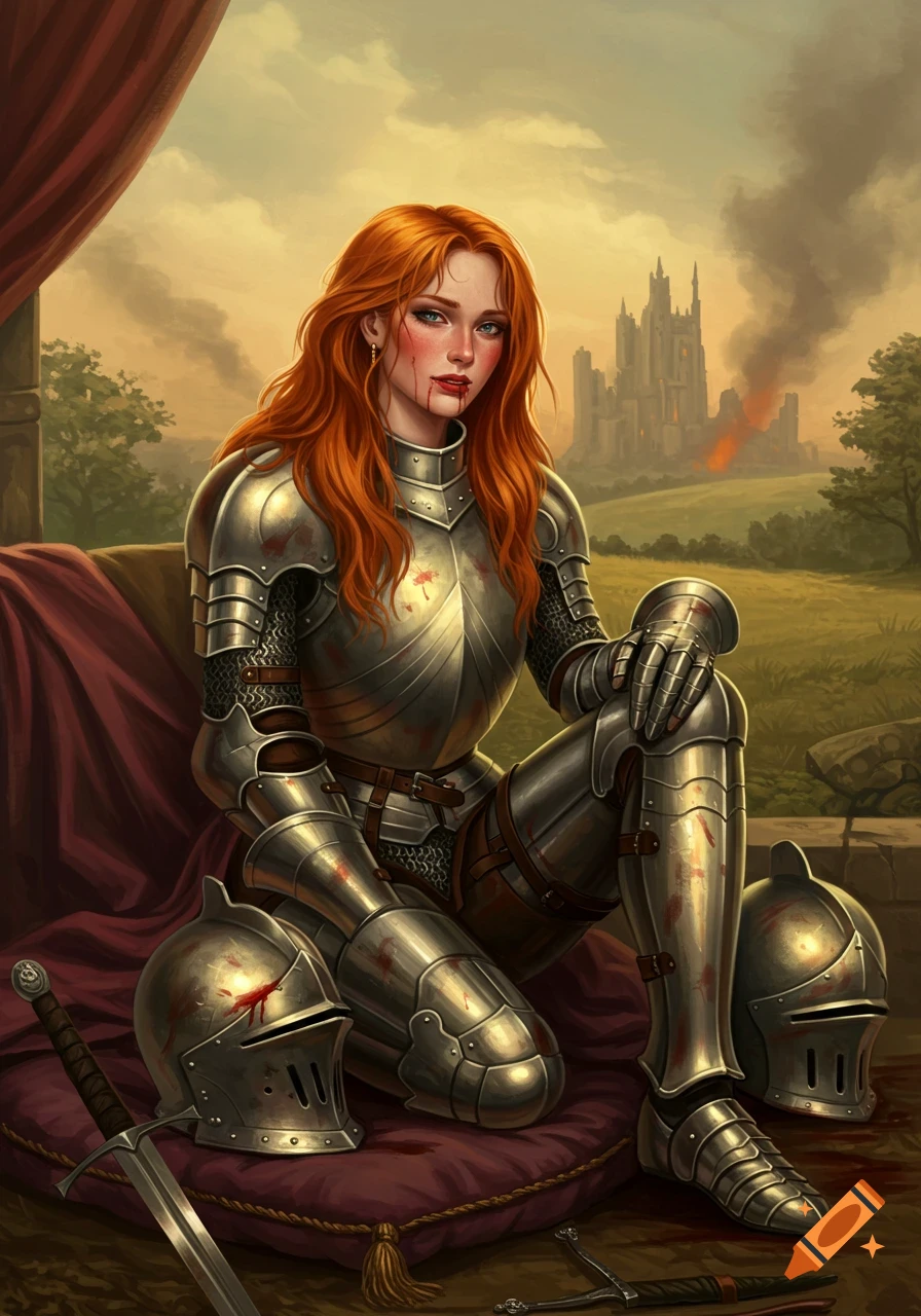Redhead woman knight in bloodied armor sits with helmets and swords, burning castle in background.