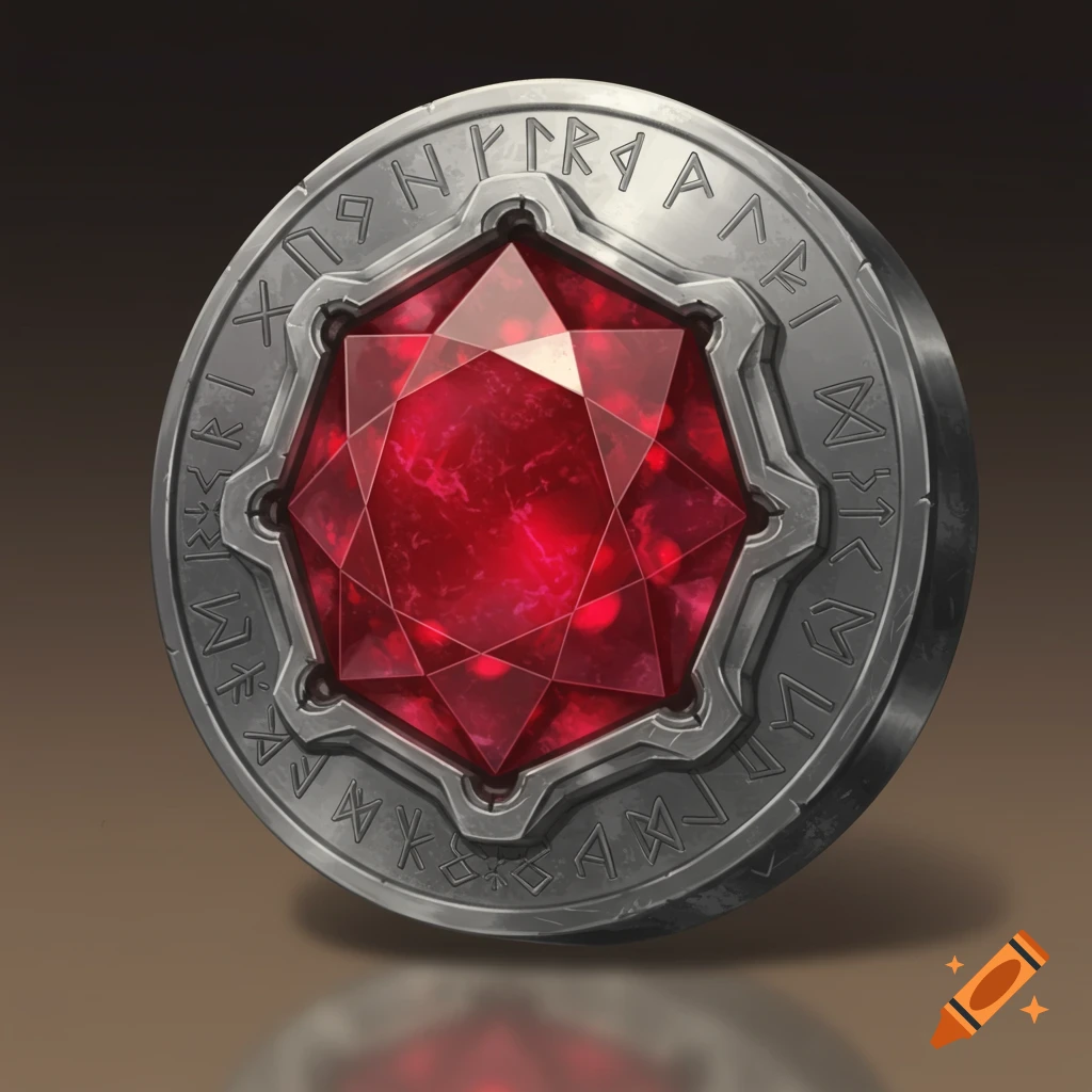 A silver coin with a large red ruby in the center and runes around the edge.