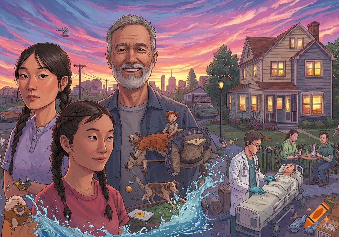 An illustration of a busy suburban scene with people, animals, a house, and medical elements under a sunset sky.