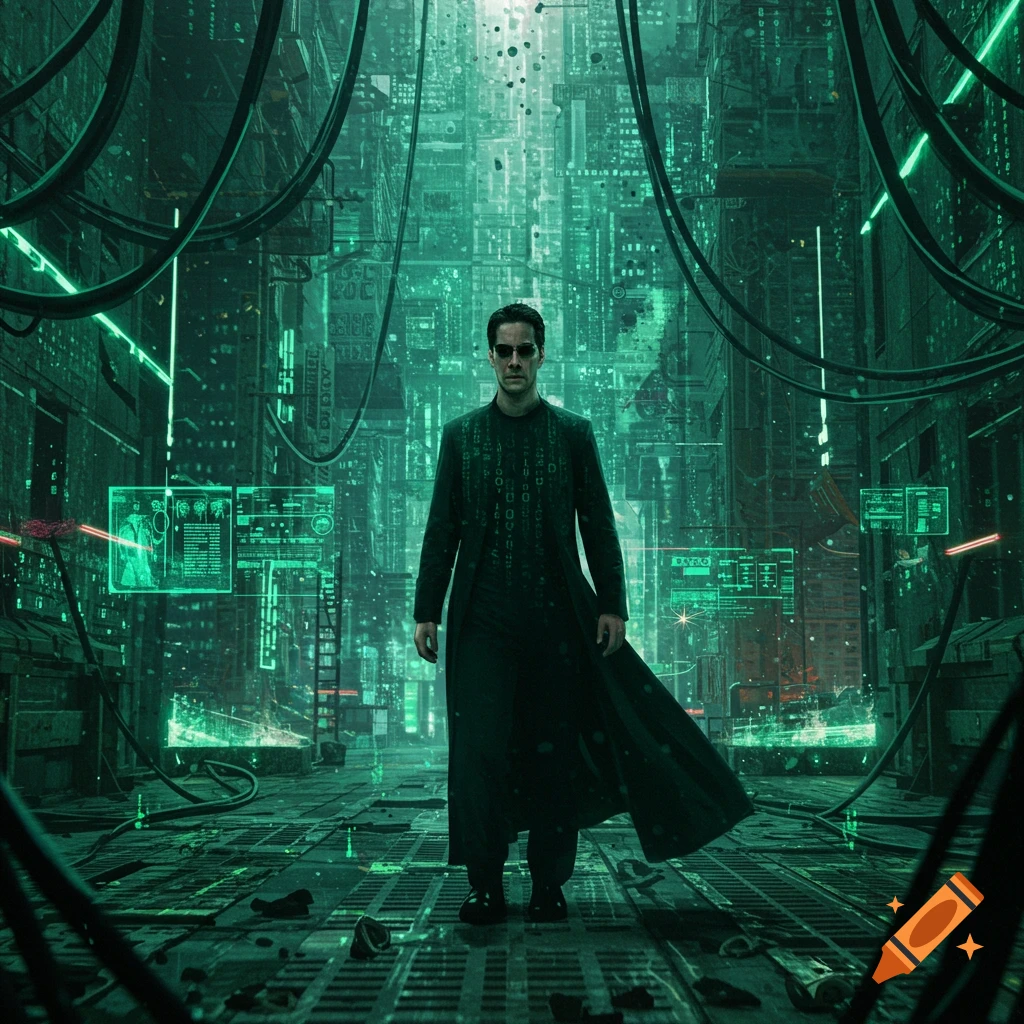 Man in a trench coat and sunglasses stands in a futuristic green city environment with digital code displays.