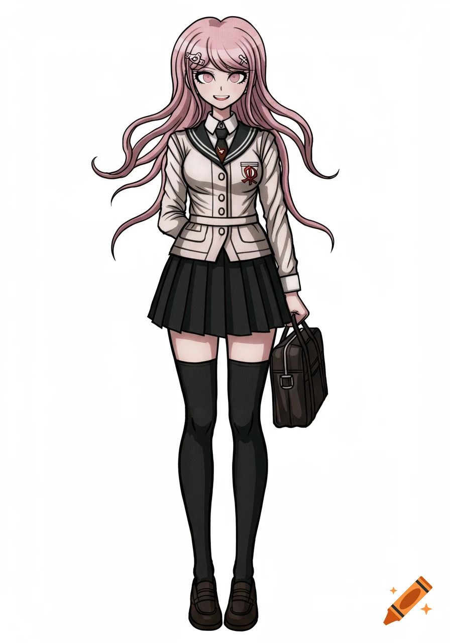 Full body anime illustration of a pink-haired girl in a school uniform holding a briefcase.
